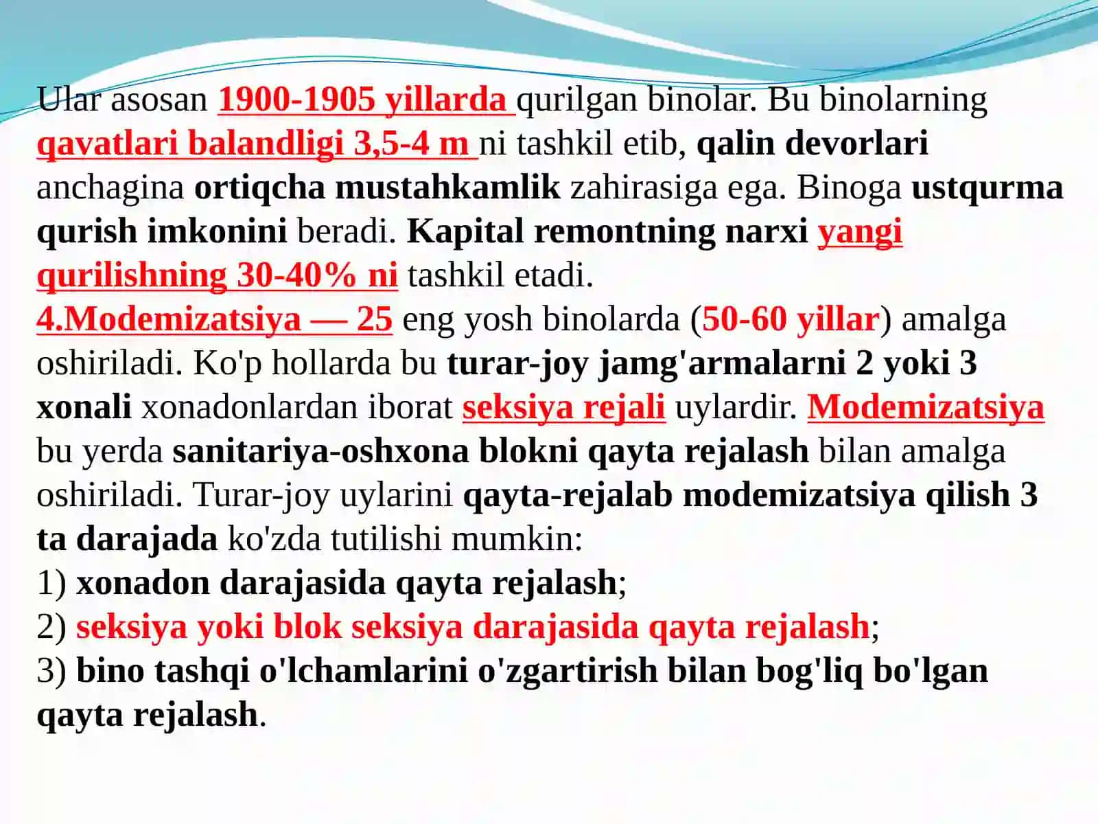 UY-JOYLARNING MODERNIZATSIYASI. MUHANDISLIK TIZIMLARINING MODERNIZATSIYASI. UY-JOYLARNING YOPMA KONSTRUKTSIYALARI 3