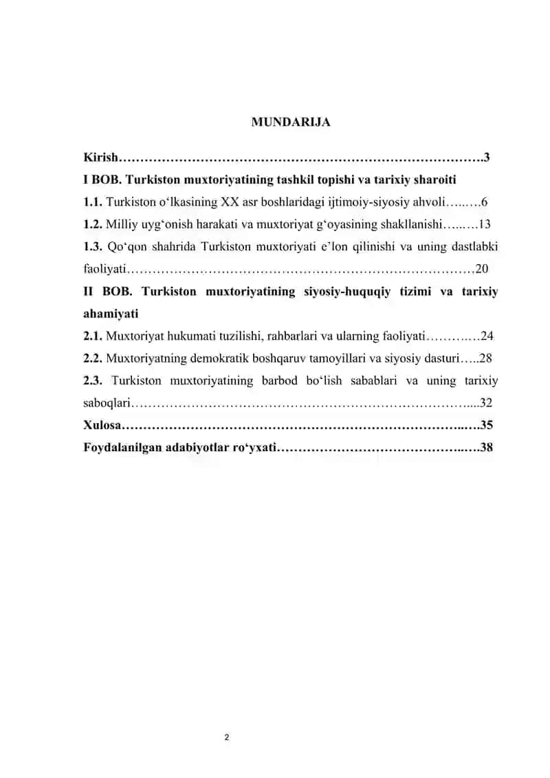 Turkiston muxtoriyati — milliy demokratik davlatchilikning dastlabki tajribasi kurs ishi 3