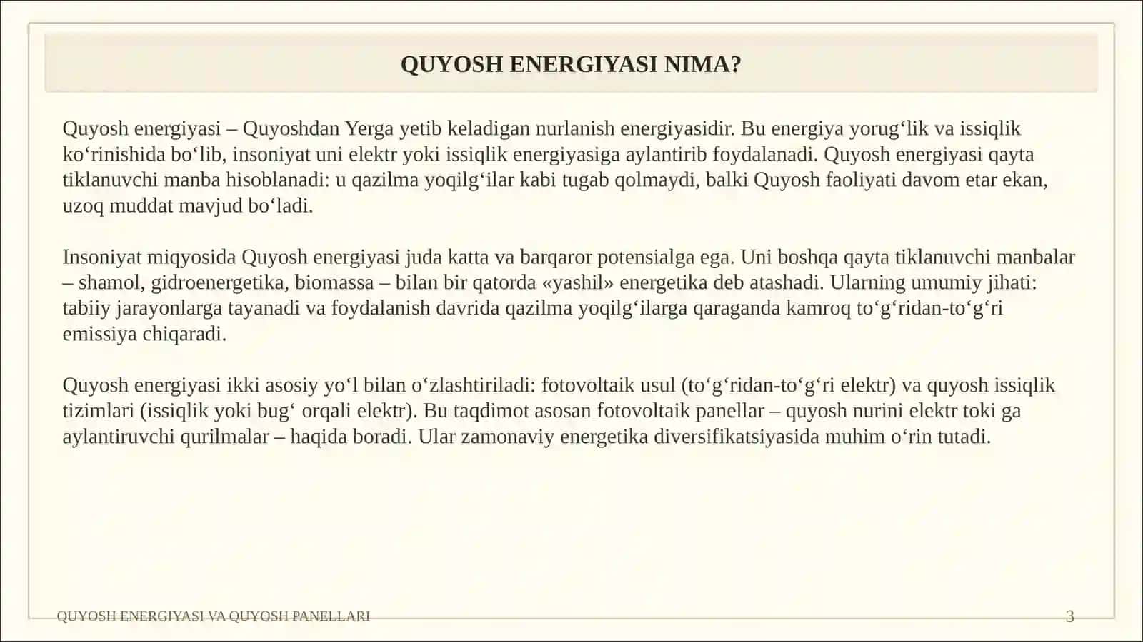 QUYOSH ENERGIYASI VA QUYOSH PANELLARI 3