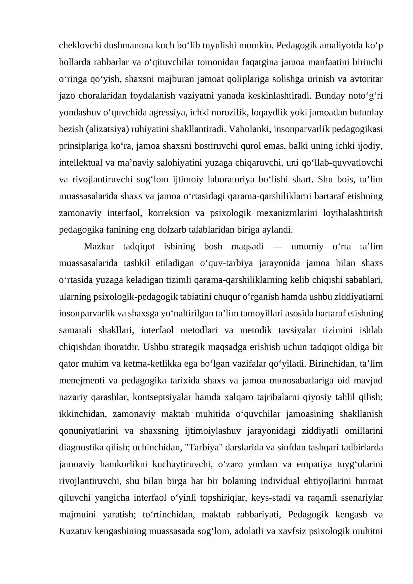 Tarbiya jaroyinda jamo bilan shaxs oʻrtasidagi qarama-qarshilikni bartaraf qilish. 3