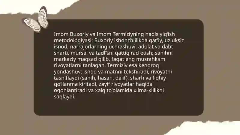 Imom Buxoriy va Imom Termiziyning hadis ilmiga qo'shgan hissalarini qiyosiy tahlili 3