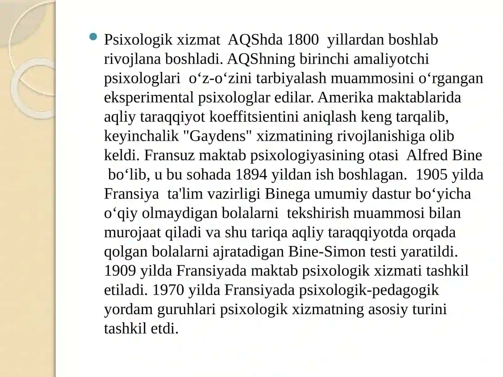 Psixologik xizmatni tashkil etish tarixi. Psixologik xizmatni tashkil etish muammolari 3