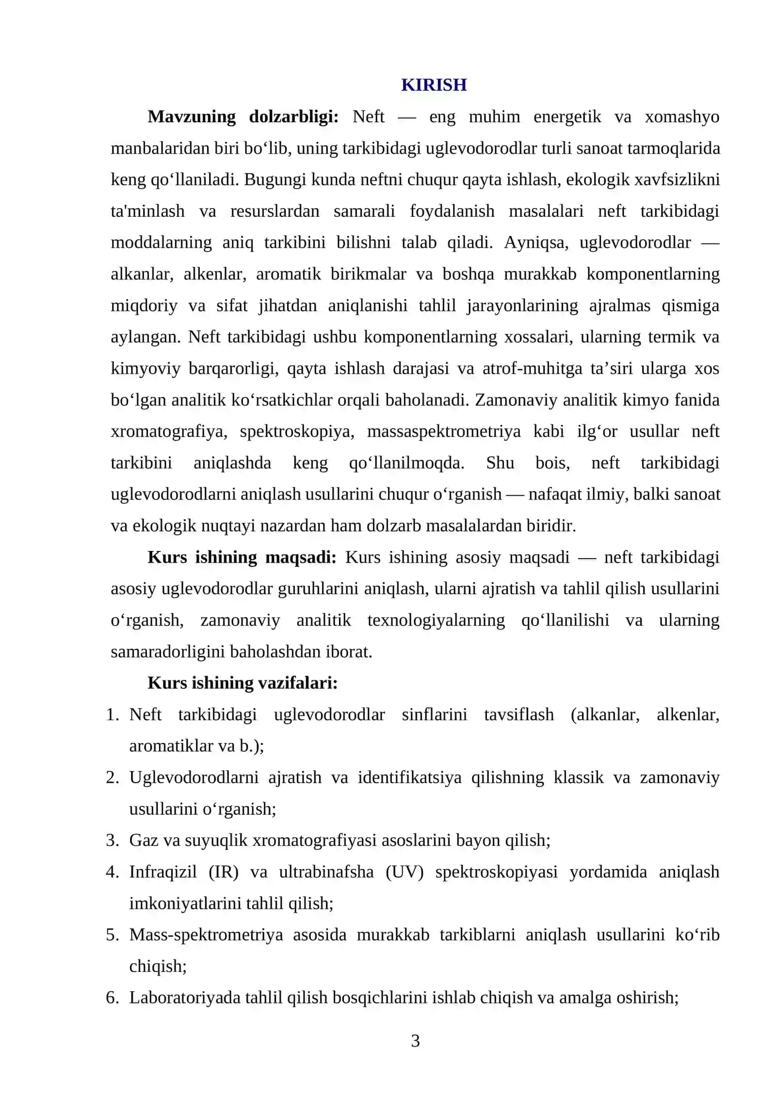 NEFT TARKIBIDAGI UGLEVODORODLARNING ANALITIK TAHLILI VA ULARNI ANIQLASH USULLARI KURS ISHI 3