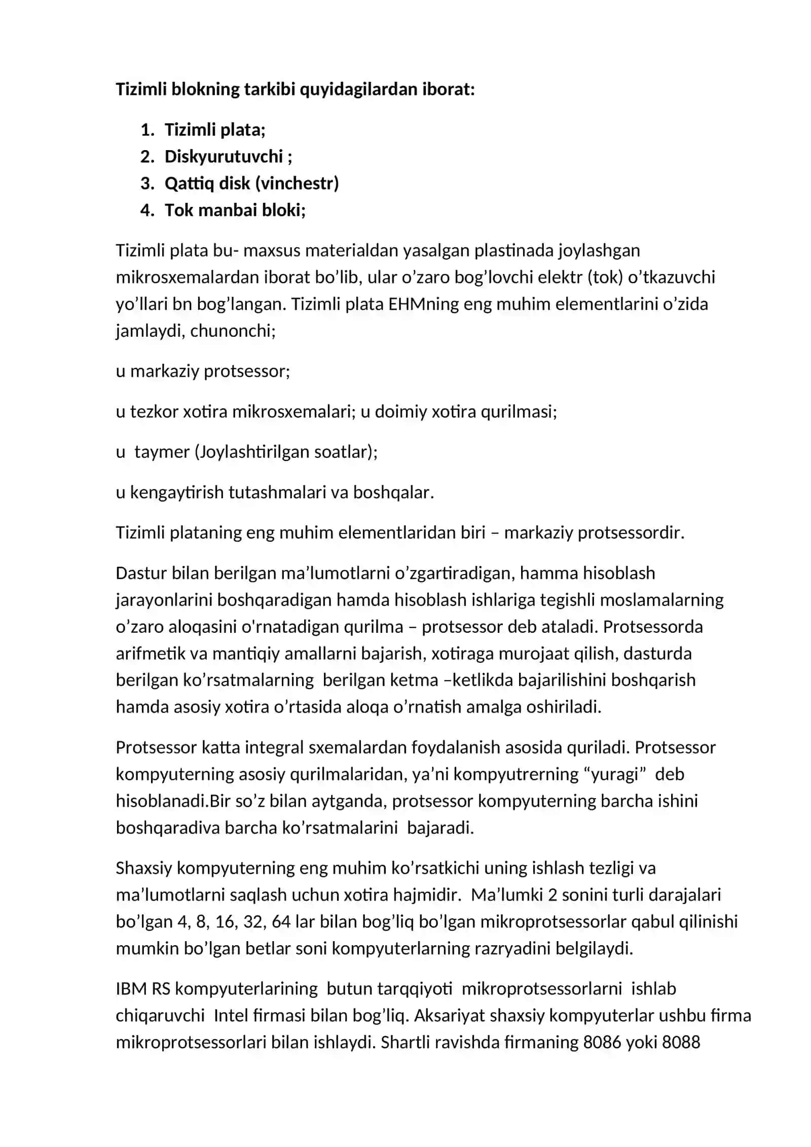 Tizimli blok va uning tarkibiy elementlari; protsessor, soprotsessor, xotira 3