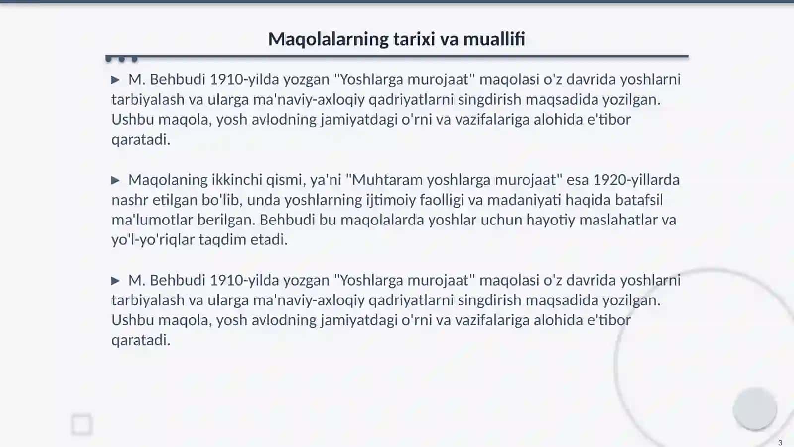 M. Behbudiyning " Yoshlarga murojaat" va " Muhtaram yoshlarga murojaat" maqolalarini tahlil etish 3