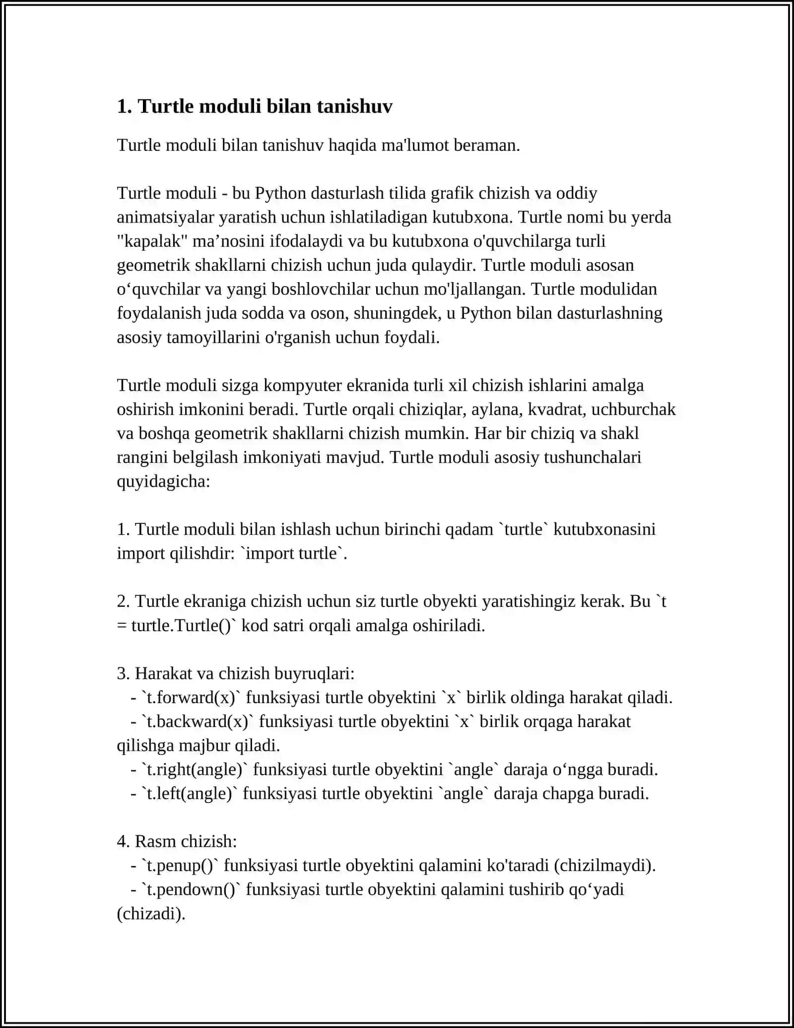 PYTHONNING TURTLE MODULI NIMA VA U BILAN ISHLASH HAMDA TURLI SHAKLLAR CHIZISH 3