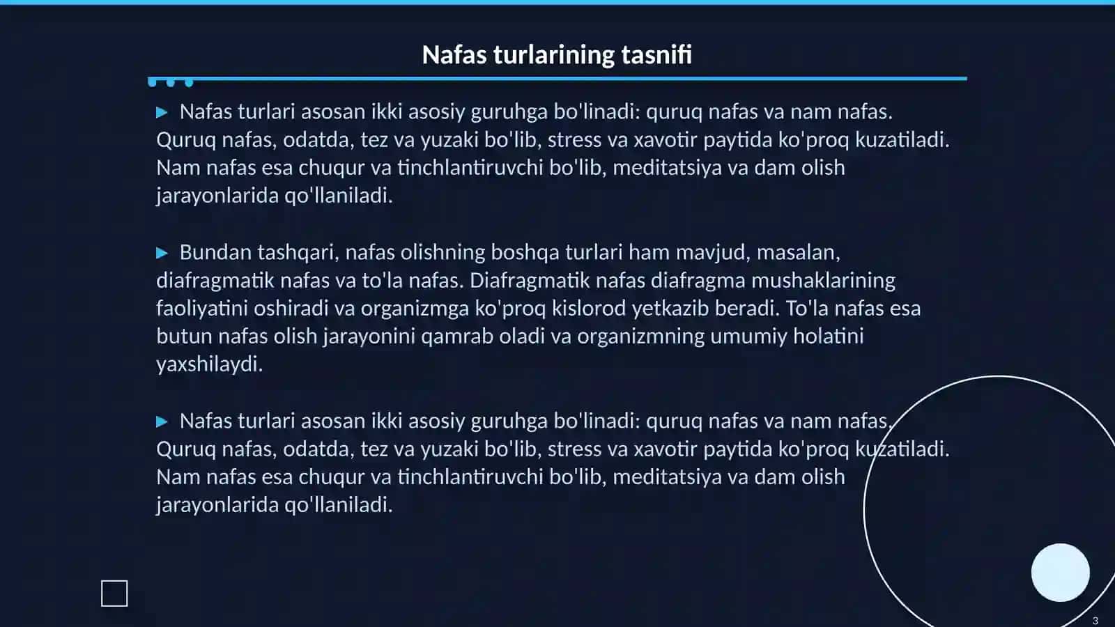 Nafas tiplari. Nafasning o'z-o' zini boshqarishi 3