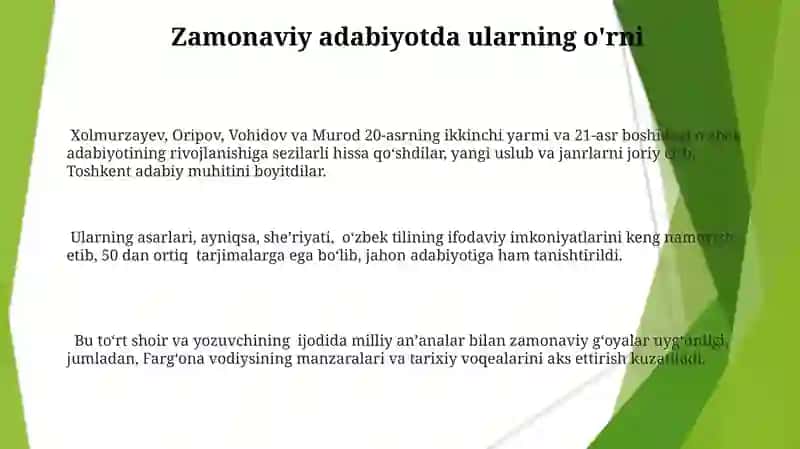 Xolmurzayev, Abdulla Oripov, Erkin Vohidov, Tog'ay Murod hayoti va ijodi 3
