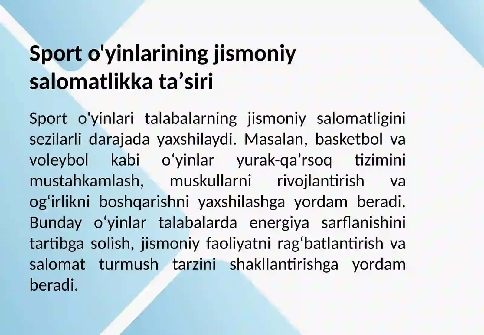 Umumtalim maktablari dajismoniy tarbiya darslarida sport oʻyinlari 3