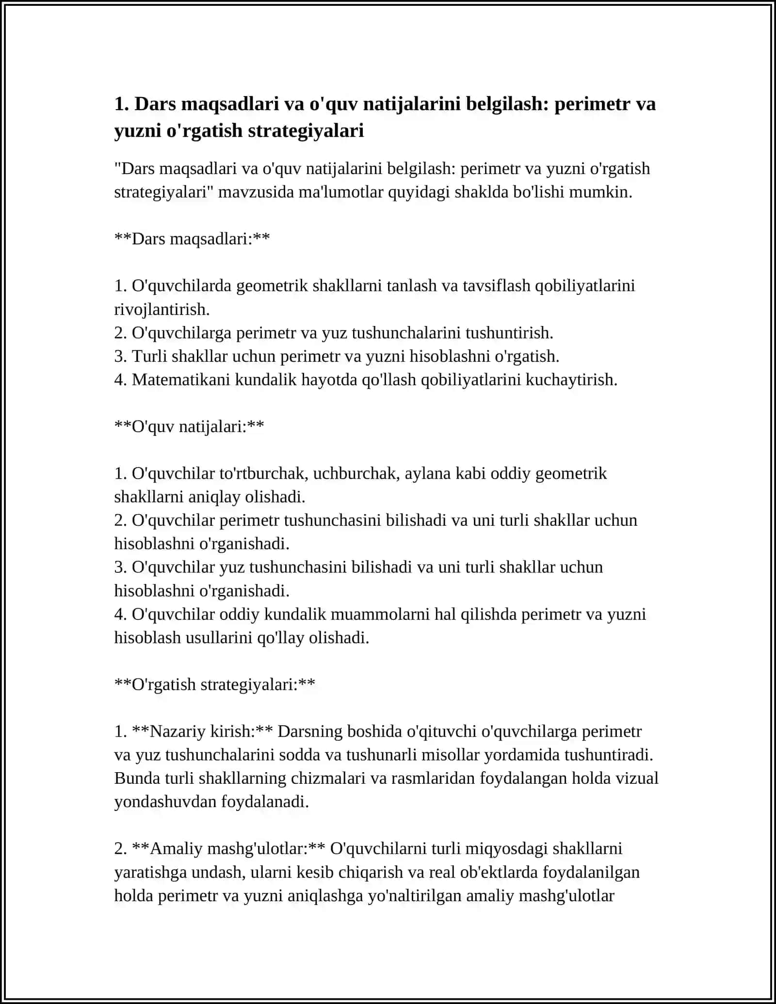 YASSI GEOMETRIK SHAKLLARI PEREMETRI VA YUZI MAVZUSINI O'QITISHNING METODIKASI 3