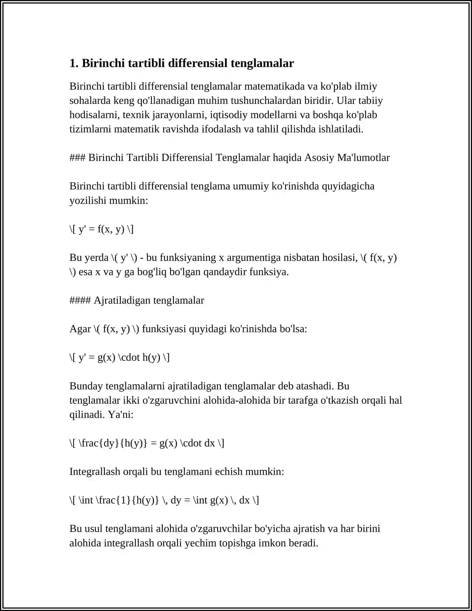 BIRINCHI TARTIBLI DIFFERENSIAL TENGLAMANING MAXSUS YECHIMI.KLERO TENGLAMASI. LAGRANJ TENGLAMASI 3