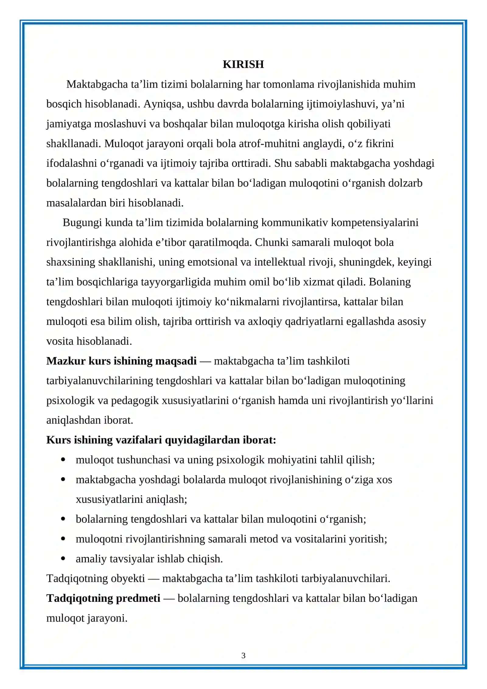 Maktabgacha taʼlim psixologiyasi va pedagogikasi KURS ISHI 3