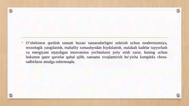 Oʻzbekiston Respublikasining qurilish majmui sanoat bazasi samaradorligini oshirishi 3