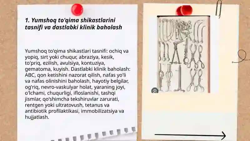 Yumshoq to'qimalar shikastlarida birinchi tibbiy yordam ko'rsatish.Jarohatlarni birlamchi xirurgik tozalash uchun asboblar to'plamini yig'ish.Jarohatga xirurgik ishlov berishda ishtirok etish 3