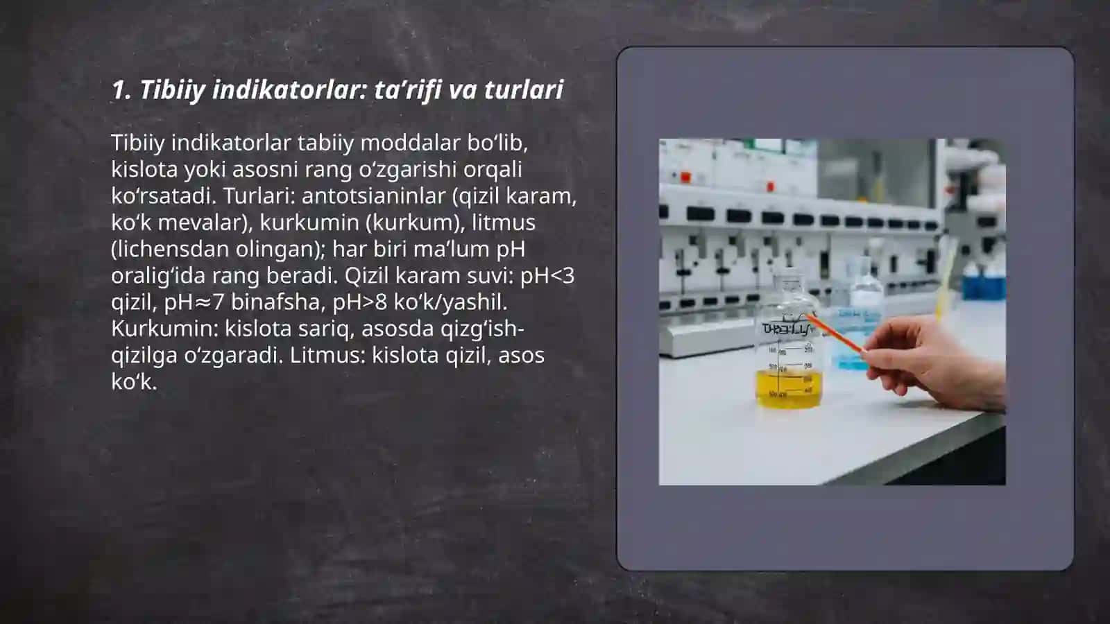 Tibiiy indikatorlar yordamida kislata va asoslarni aniqlaymiz 3