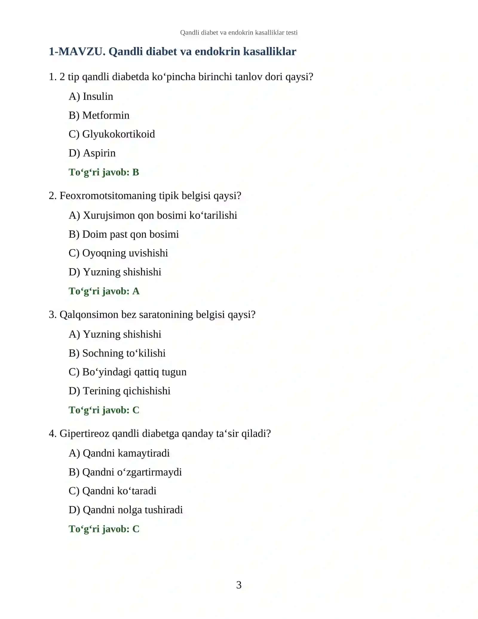 Qandli diabet va endokrin kasalliklar testi 3