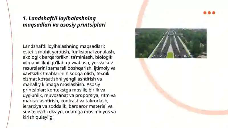 Landshaftli loyihalashni maqsad va vazifalari Trassa elementlarini landshaft bilan uyg‘unlashiuvi 3