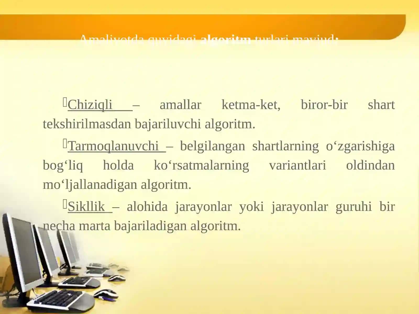 Chiziqli algoritmlar. Sikllar. Integrallarni taqribiy hisoblash usullari, samaradorligi. Matrisalarni ko‘paytirish. Determinantni hisoblash 3