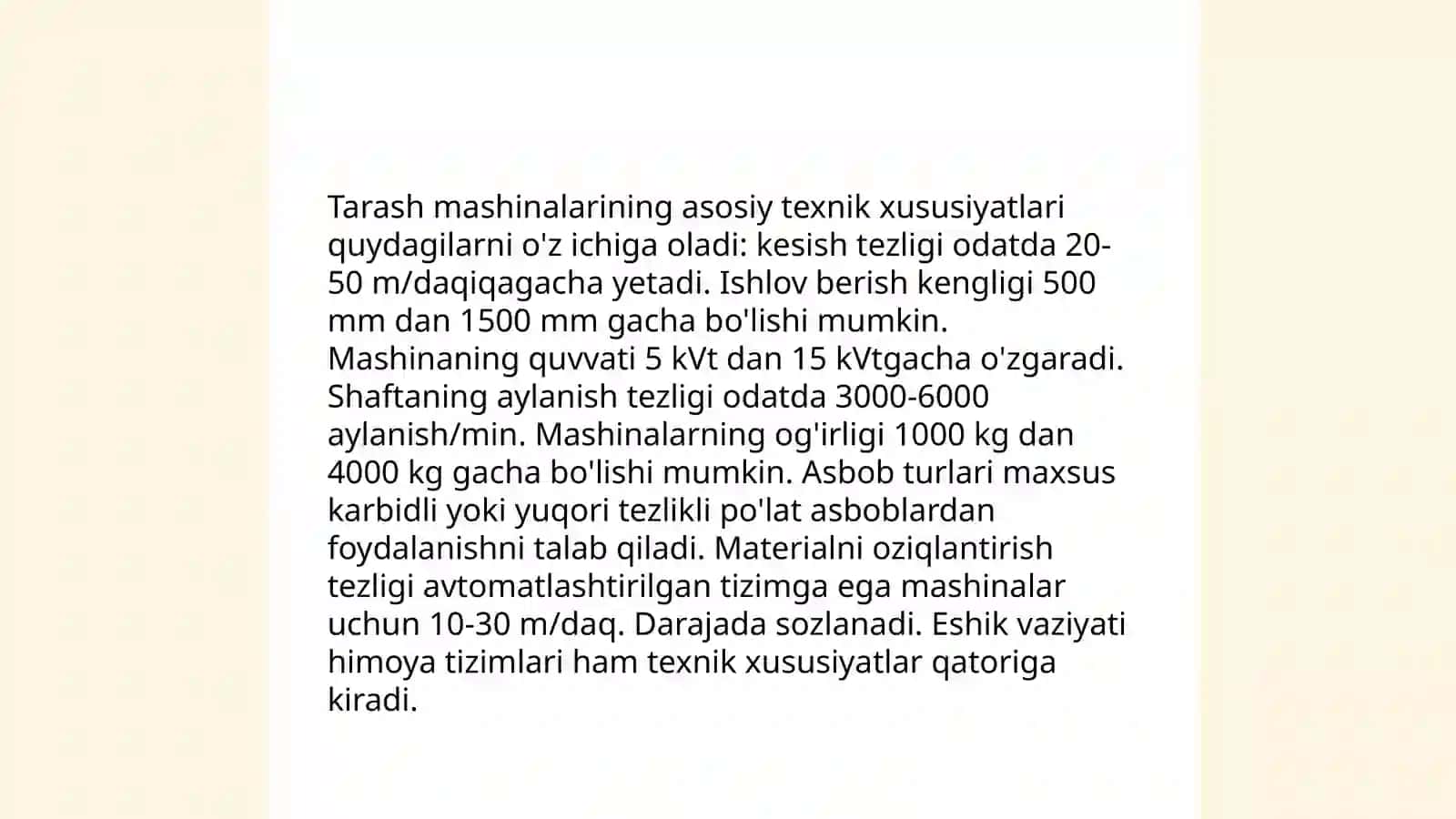 Tarash mashinalarining asosiy texnik xususiyatlari 3