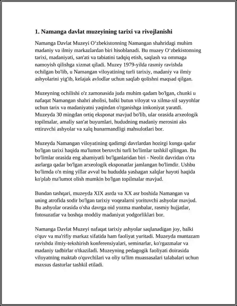 Mavzu: NAMANGA DAVLAT MUZEYIDA AMALIYOT VA SHU MUZEY HAQIDA MA'LUMOTLAR 3