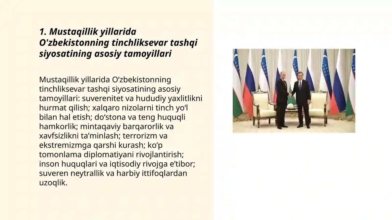 Mustaqillik yillarida O'zbekistonning tinchliksevar tashqi siyosatining asosiy tamoyillari 3