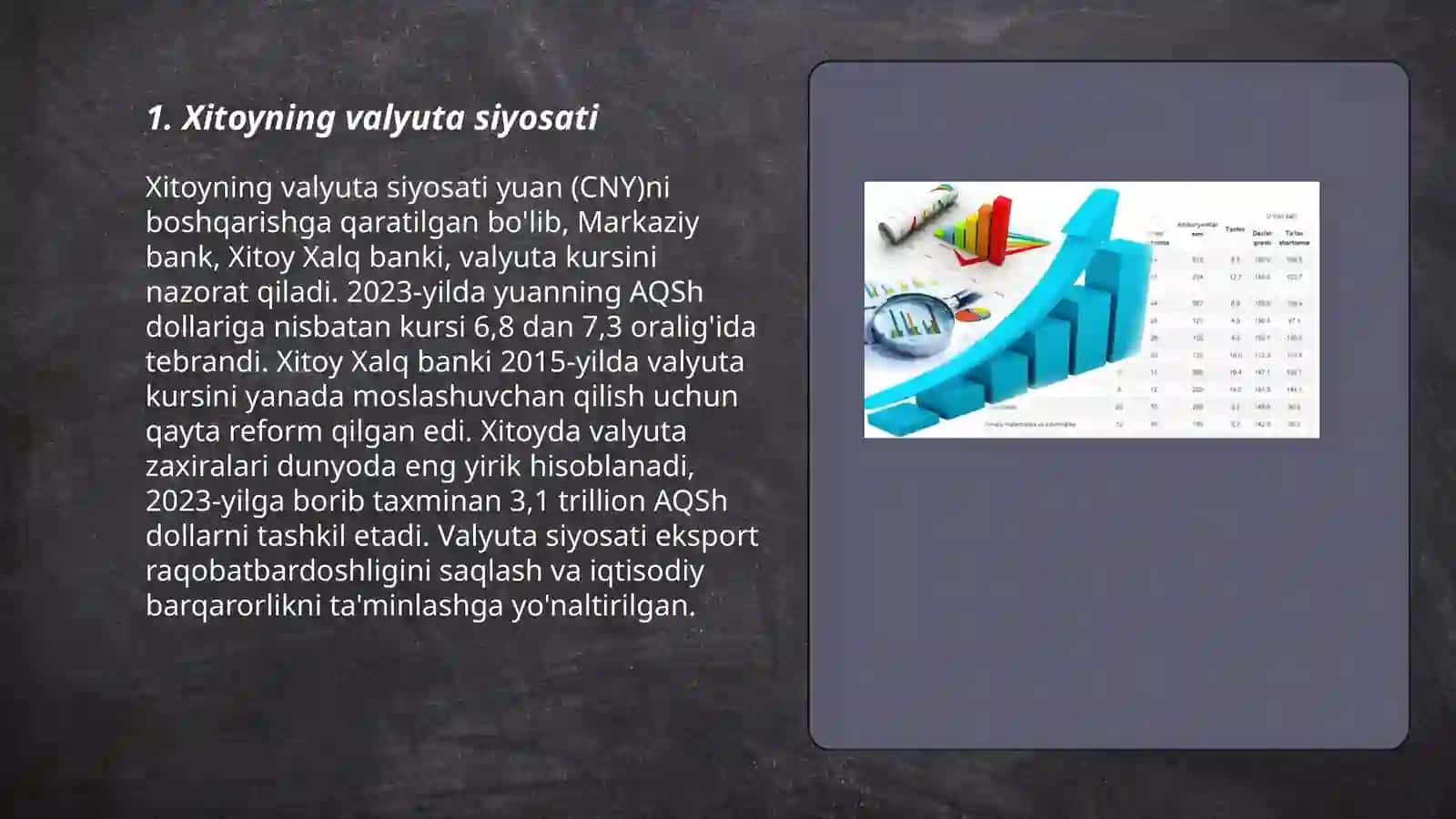 Xitoy- valyuta siyosati, inflatsiya darajasi, tolov balansi, fond bozori, yalpi ichki mahsulot eksport import, maxsus iqtisodiy zona 3