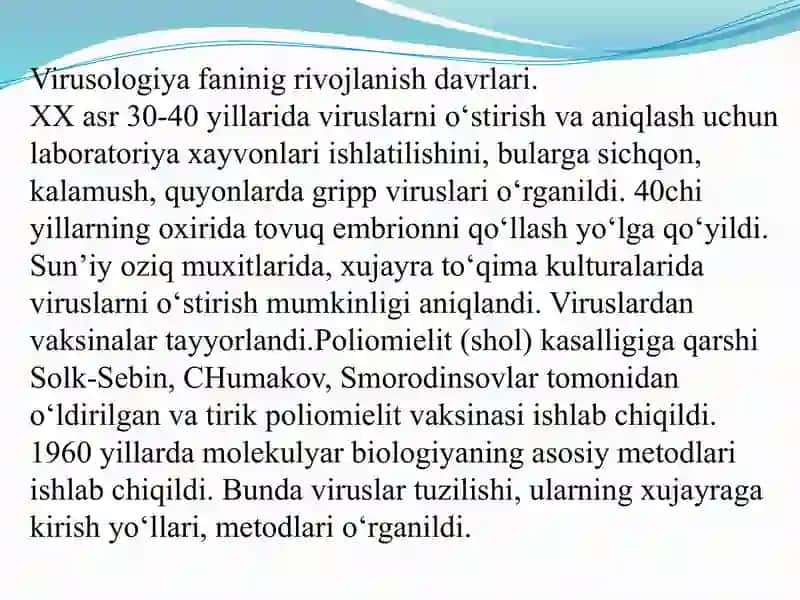 Odam patologiyasida viruslarning ahamiyati.Viruslarga umumiy xarakteristika,tuzilishi,ko’payishi,ajratib olish. 3