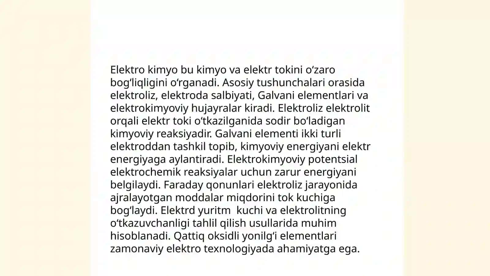 Elektro kimyo fani va uning mohiyati,rivojlanishi.O'zbekistonda elektrokimyo boʻyicha qilinadigan ishlar 3