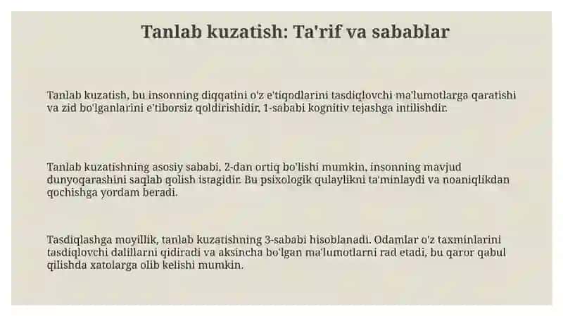 Tanlanma kuzatish maʼnosi va uning oʻziga xos xususiyatlari 3