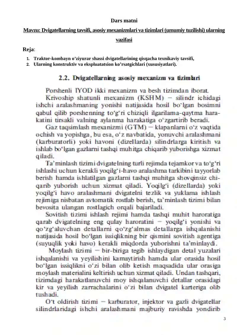 Traktor-kombayn shassilari tuzilishi va texnik xizmat ko’rsatish fаnidan o'quv mashg'ulotida ta'lim texnologiyasi modeli 3