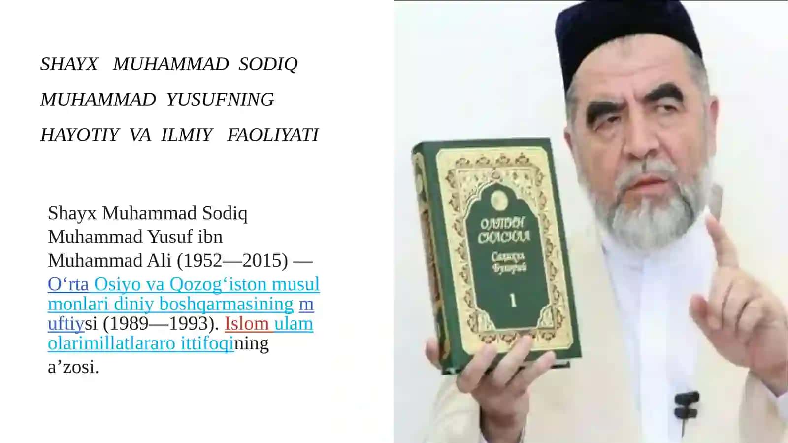 Shayx Muhammad Sodiq Muhammad Yusufning islom diniga qo'shgan hissasi mavzusida taqdimot 3