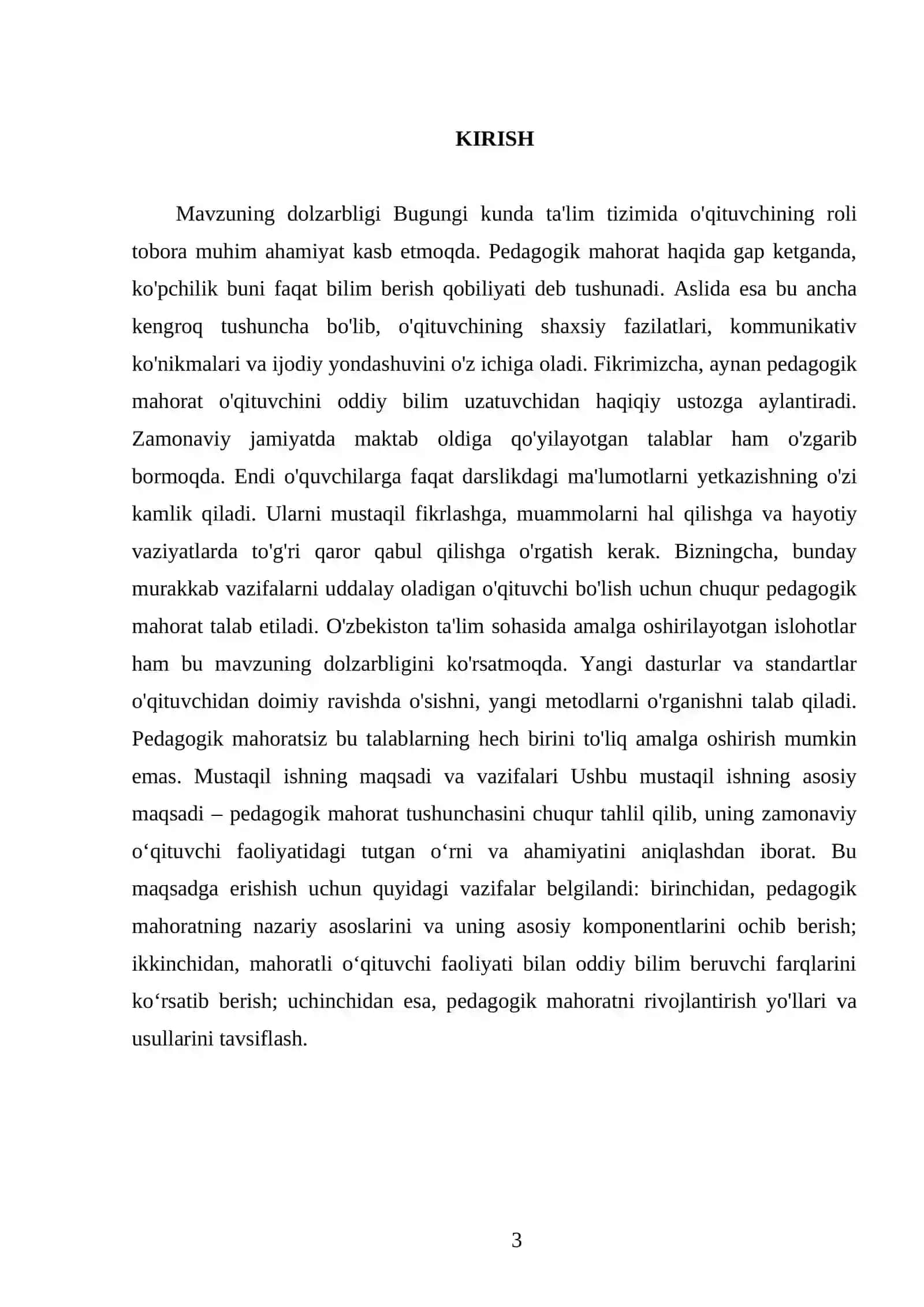 Pedagogik mahorat haqida tushuncha, uning o’qituvchi faoliyatida tutgan o’rni va ahamiyati 3