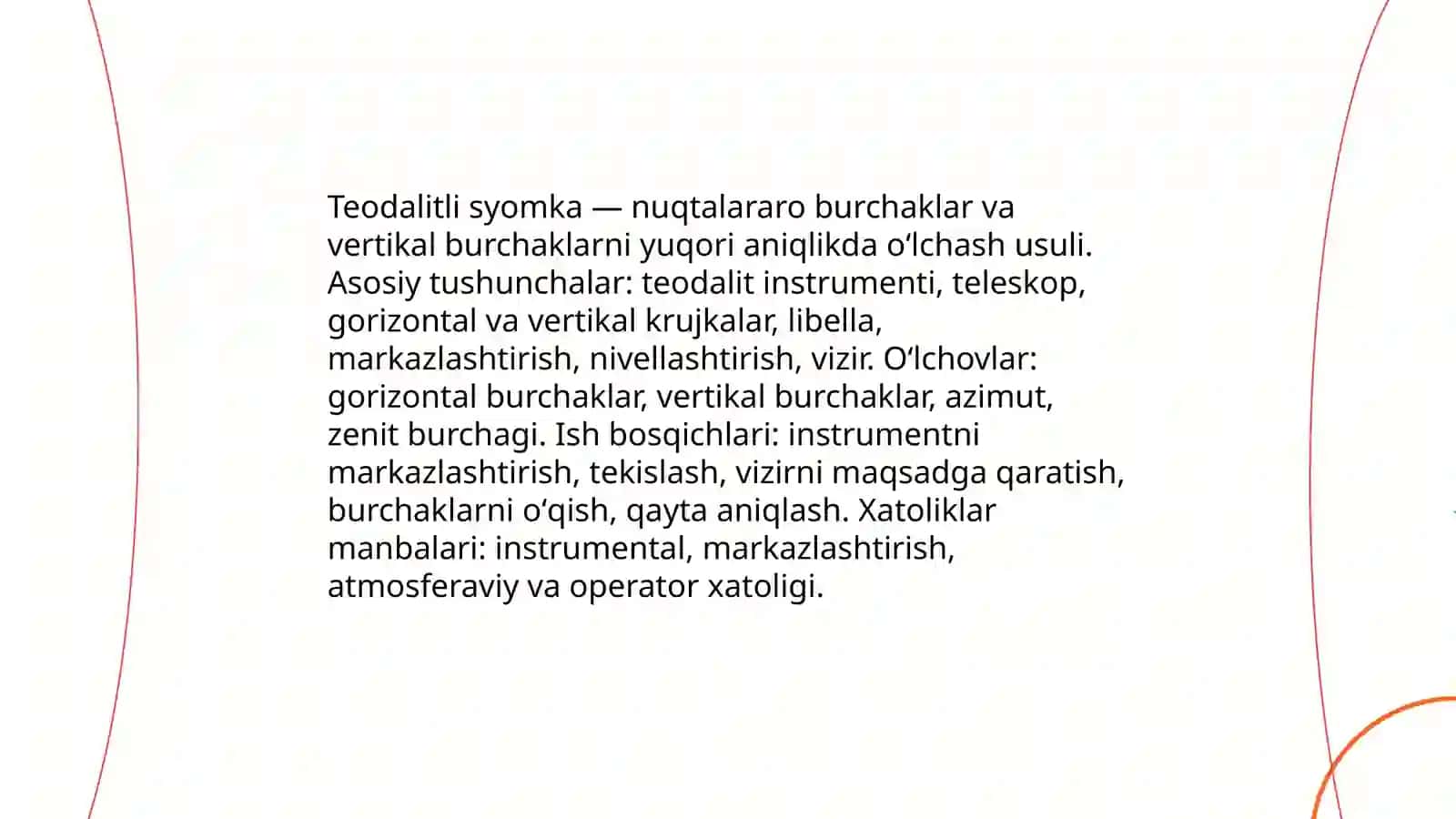 Teodalitli syomka. Mohiyati, tarkibi va ish tartibi. Dala ishlari. Joy tafsilotlarini syomka qilish metodlari 3