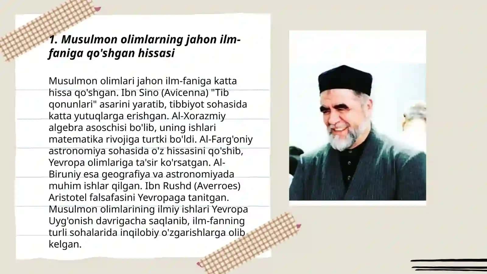 Shayx Muxammad Sodiq Muhammad Yusufning "Olam va odam, din va ilm " asarida musulmon allomalarning jaxon ilm fan rivojiga qoʻshgan hissasi 3