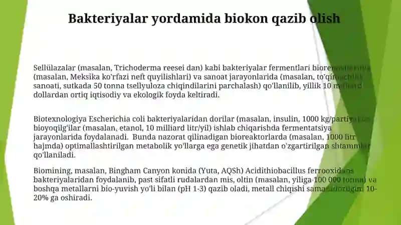 Bakteriyalardan biotexnologiyada foydalanish yunalishlari 3