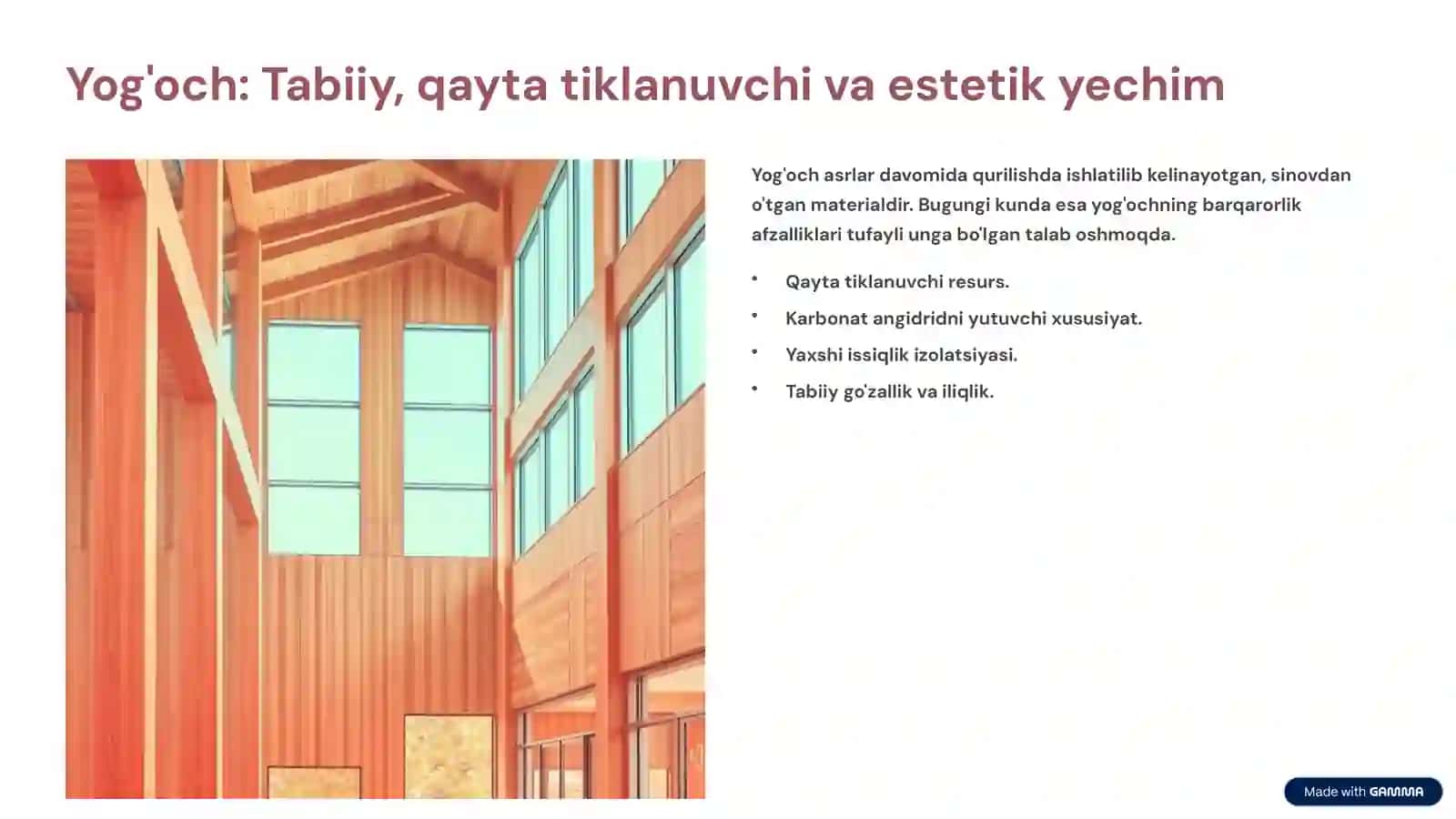 Barqaror materiallar: Yog'och, qayta ishlangan beton va kompozitlarning afzalliklari 3