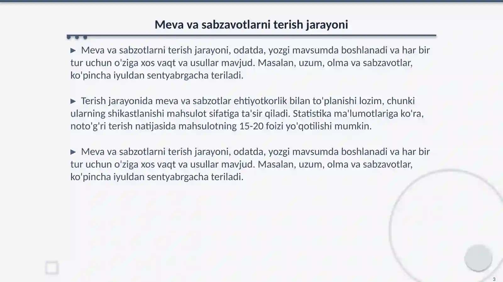 Meva va sabzavotlarni terish saralash va ularga yanvar ishlov berish 3