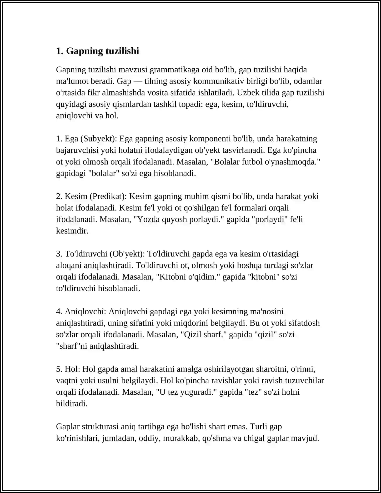 GAP. GAP BO’LAKLARI. BOSH BO’LAKLAR VA IKKINCHI DARAJALI BO’LAKLAR 3