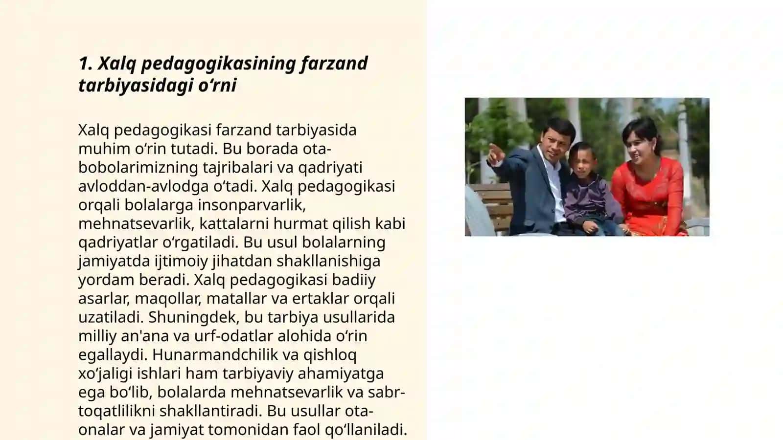 Oilada farzand tarbiyasida xalq pedagogikasida xalq pedagogikasi manbalaridan foydalanish 3