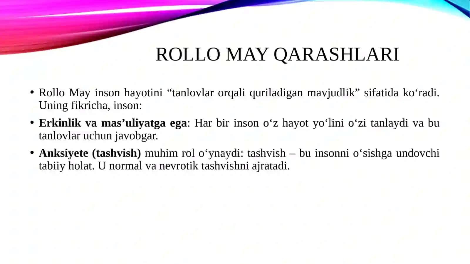 R.Meya va l.Yalomning ekzistensial yondashuv doirasidagi shaxsning hayotiy yo'li to'g'risidagi tasavvurlari. 3