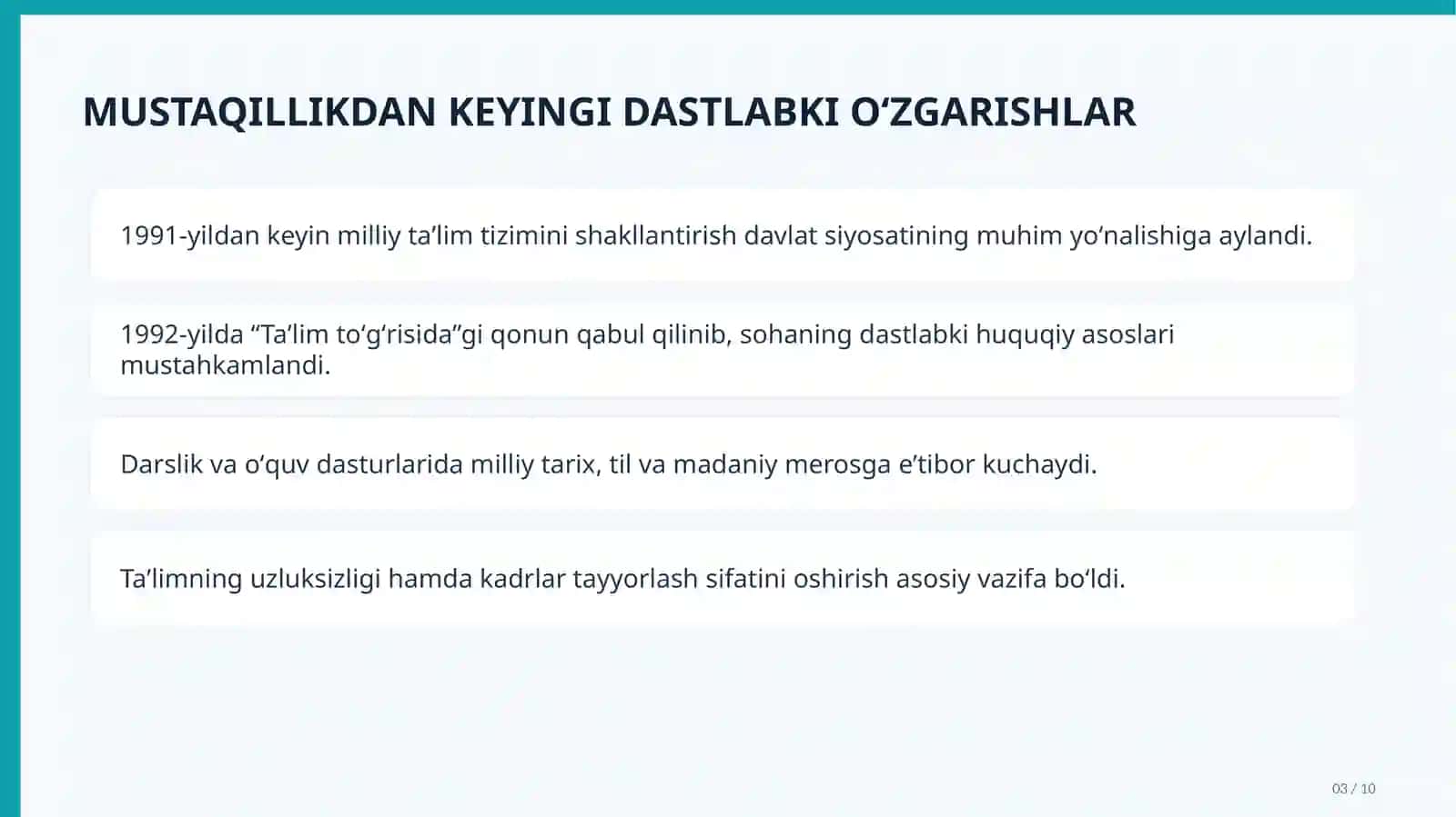Mustaqillikdan keyingi taʼlim tizimining huquqiy asoslari 3