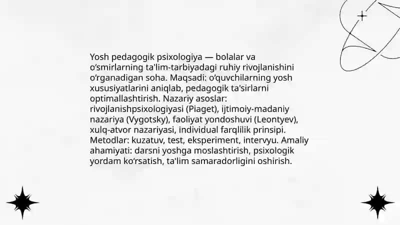 Yosh pedagogik psixologiyaning o'qituvchi faoliyatida tutgan o‘rni ma'ruza taqdimoti 3