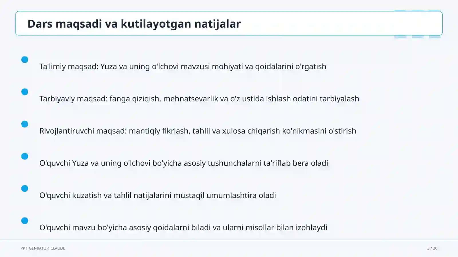 Yuza va uning o'lchovi (3-sinf) 3