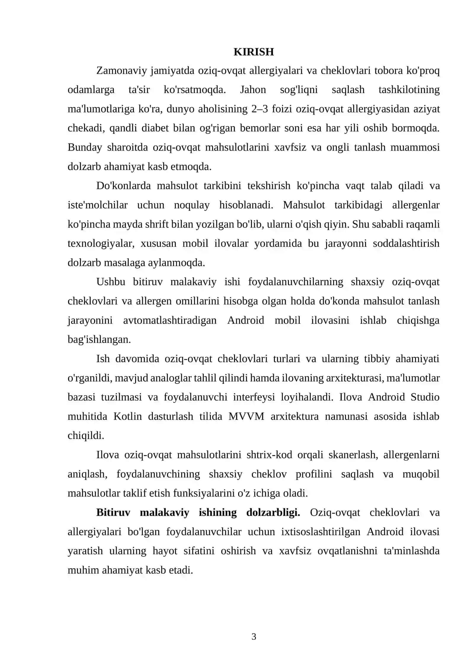 Foydalanuvchining oziq-ovqat cheklovlarini hisobga olgan holda do‘konda mahsulot tanlash bo‘yicha Android yordamchi ilovasini ishlab chiqish 3