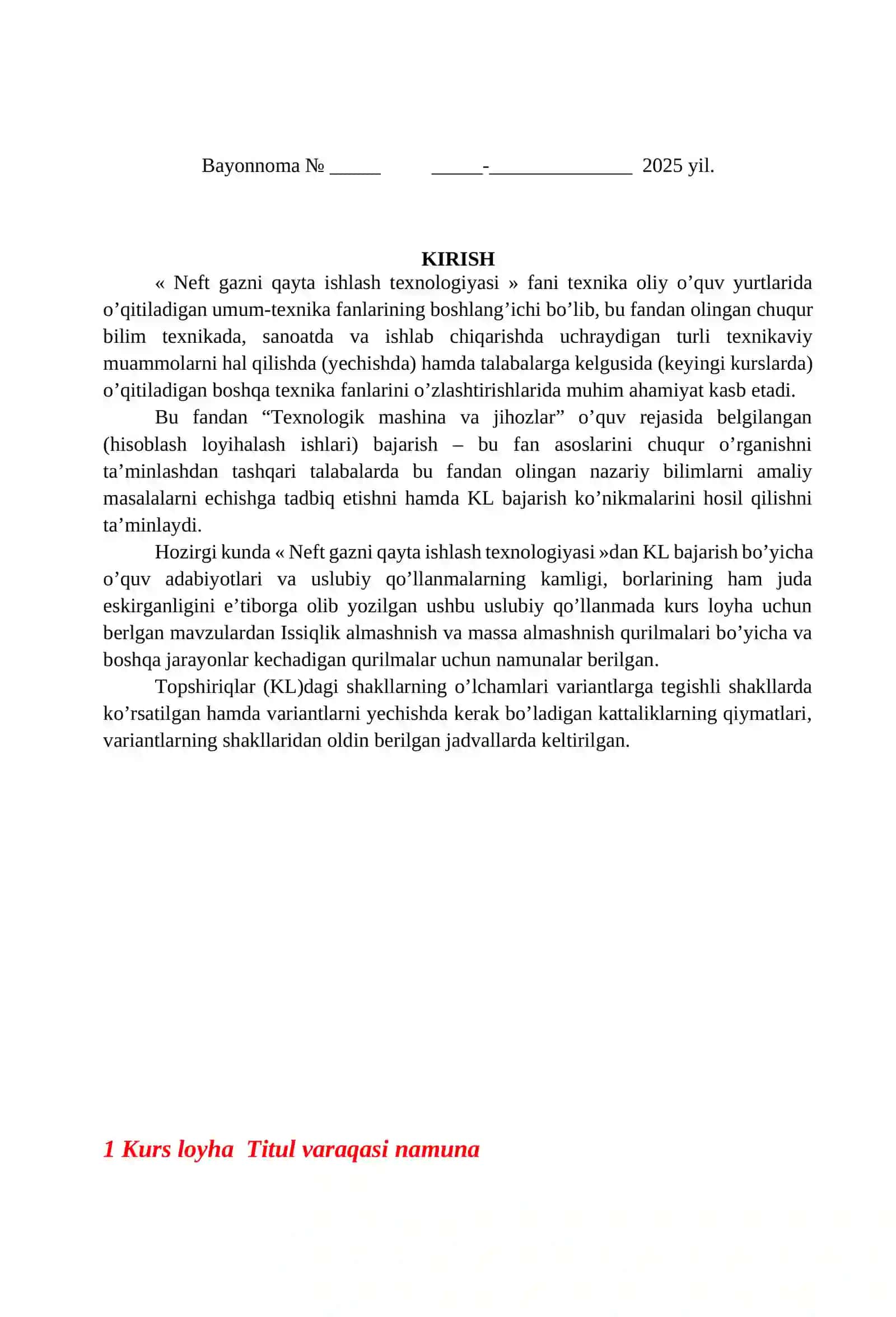 ASOSIY TEXNOLOGIK JARAYON VA QURILMALAR fаnidаn kurs ishi loyhalarni bаjаrish bo’yichа uslubiy ko’rsatma 3