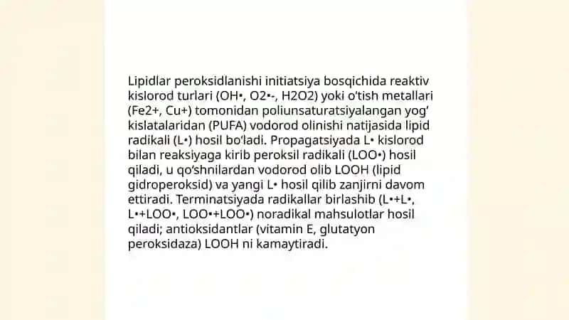 Lipidlar peroksidlanoshi va hujayra shikaslanishi patogenezidagi ahamiyati 3