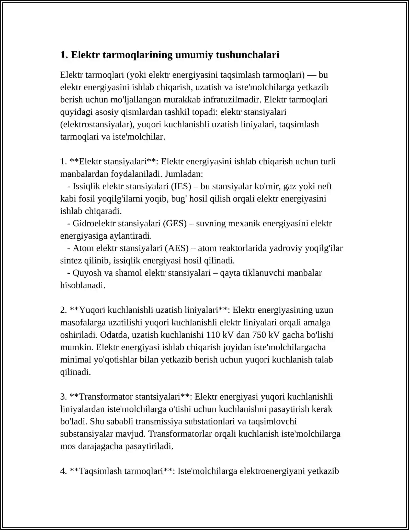 Mavzu: PAST KUCHLANISHLI ELEKTR TARMOQLARINI LOYIHALASH ASOSLARI 3