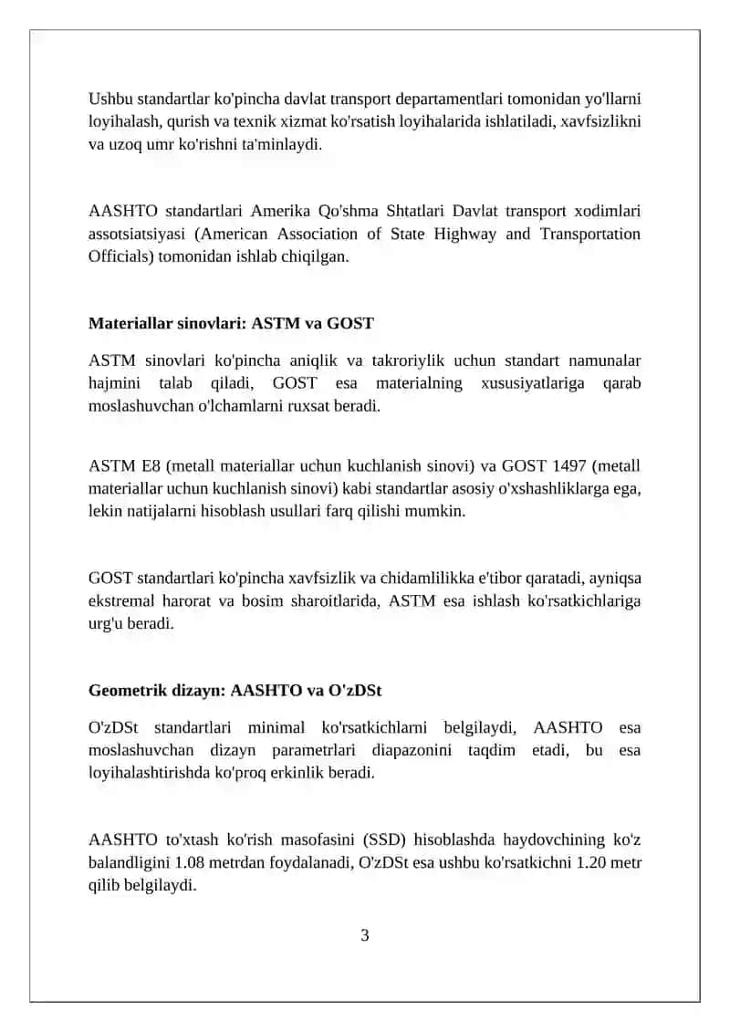 O'zDSt va GOST talablari bilan AASHTO va ASTM standartlarini solishtirish 3