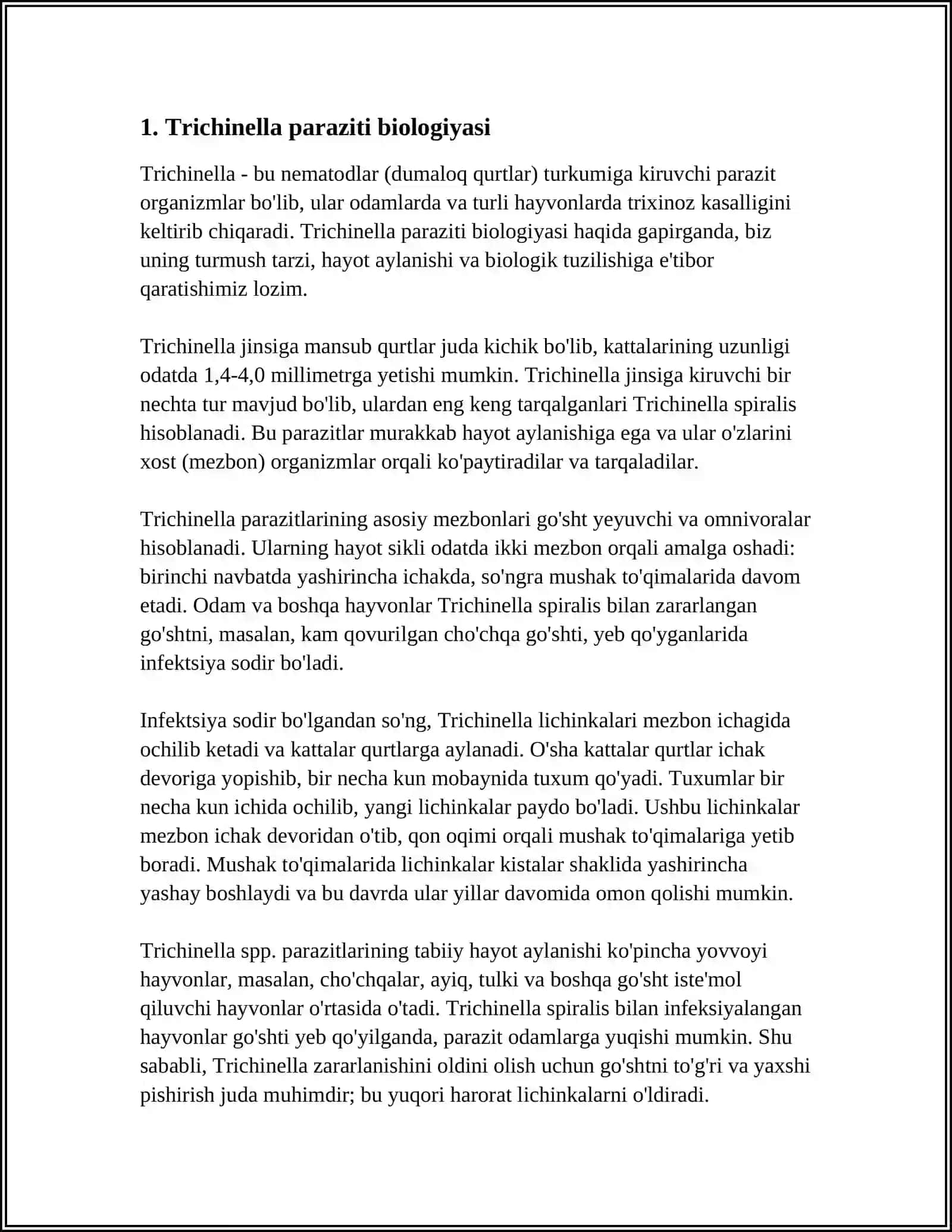 YUMALOQ CHUVALCHANGLAR: TRIXINELLA, RISHTA, FILYARIYALAR OILASI PARAZIT VAKILLARINI OʻRGANISH 3