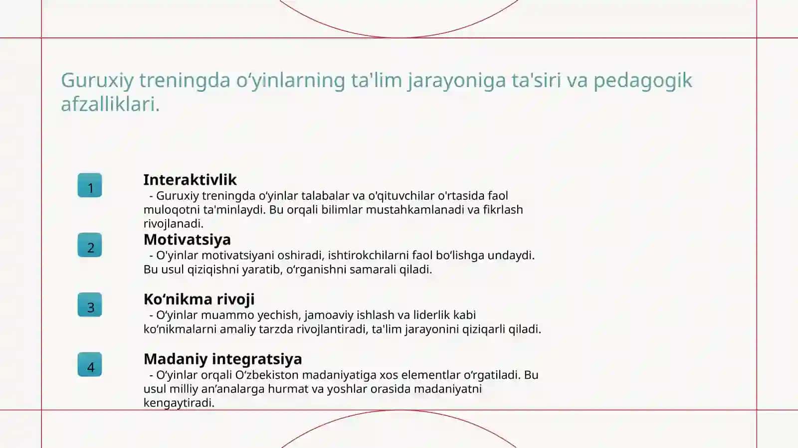 Guruxiy treningda oʻyinning vazifalari 3